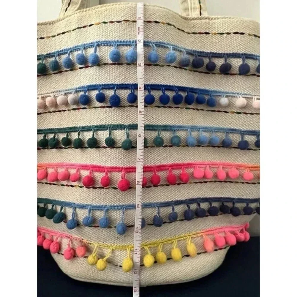 Paper Source Colorful Pom Pom‎ Large Canvas Tote, Colorful Stripes, Zip Closure